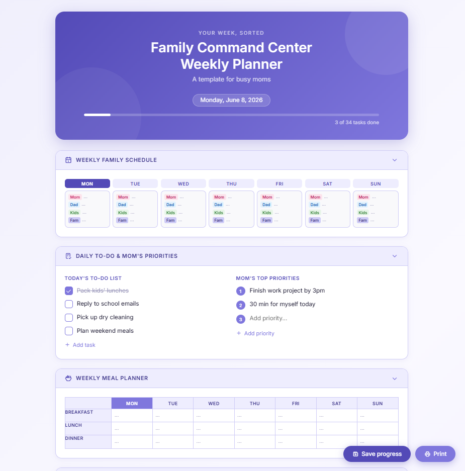 Family Command Center Weekly Planner